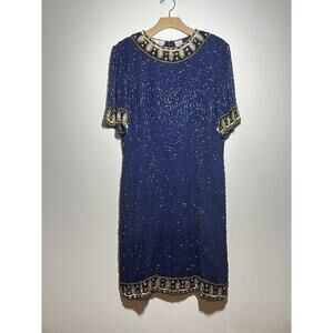 VTG Laurence Kazar EUC Blue Silk Beaded Sequin Evening Foral Dress L STUNNING
